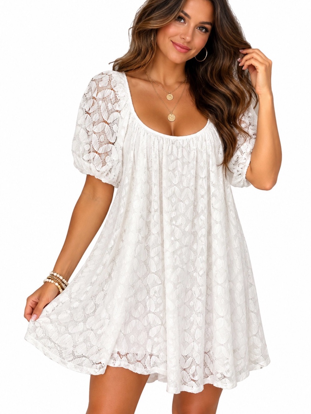 Show Me Your MuMu White Lace Puff-Sleeve Mini Dress